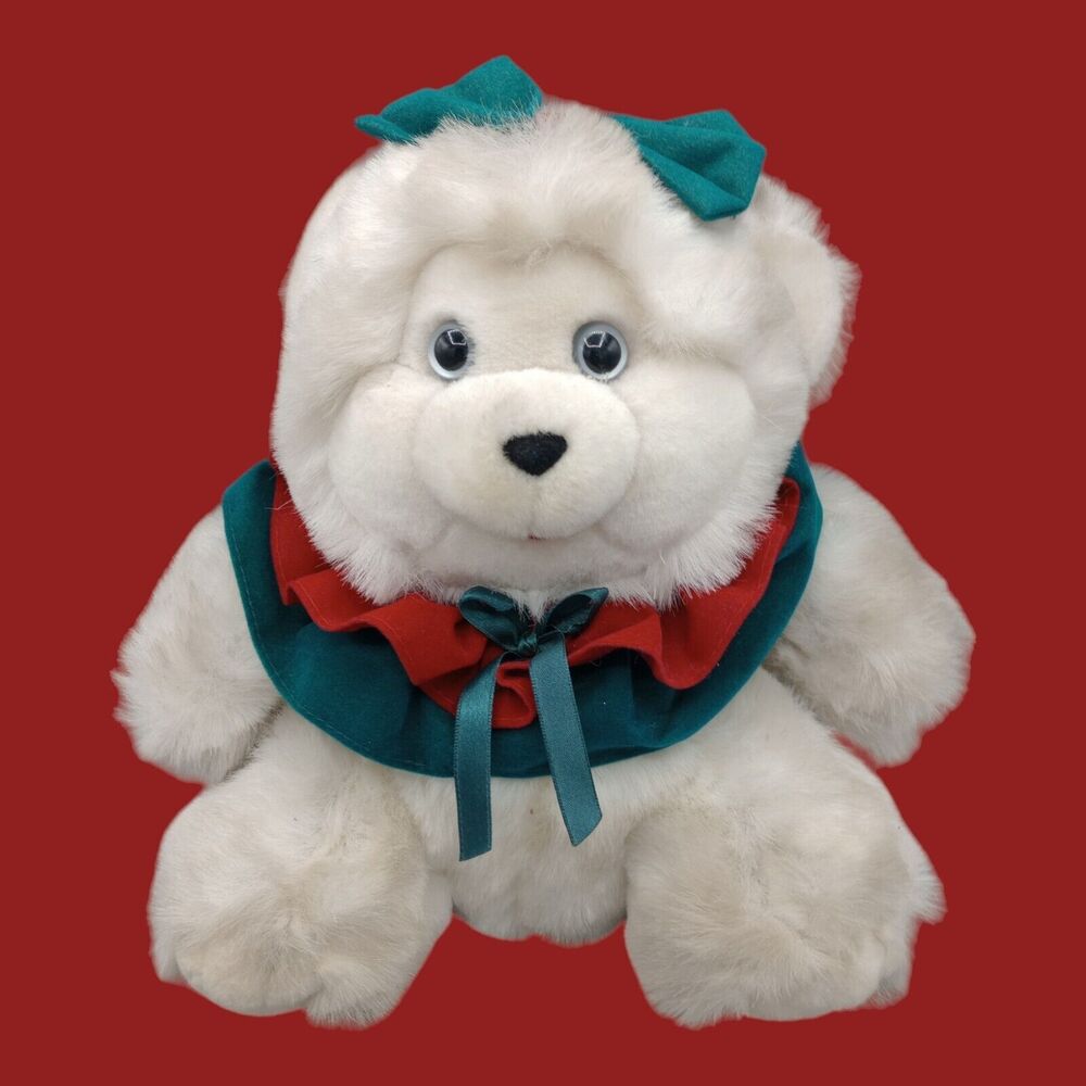 Vintage Christmas Dan Dee Teddy Bear White Girl Green Bow Ruffles Plush 10 inch